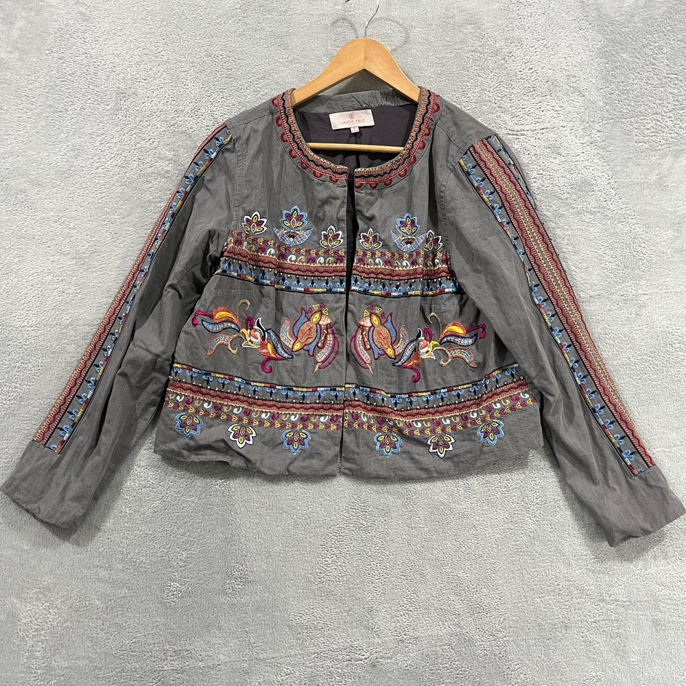 Laurie Felt Jacket‎ Medium Southwest Western Boho Embroidered Hippie Open Front